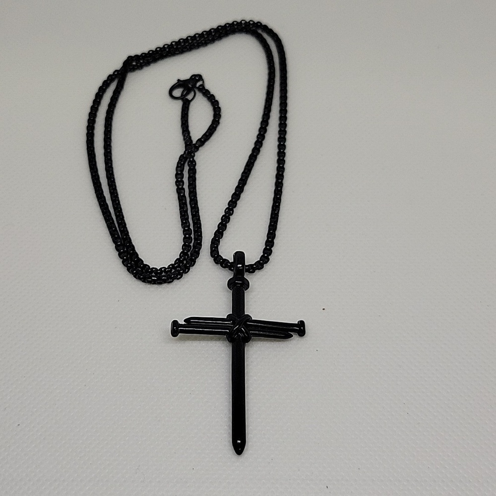 Nail Designed Cross Black 24" Necklace